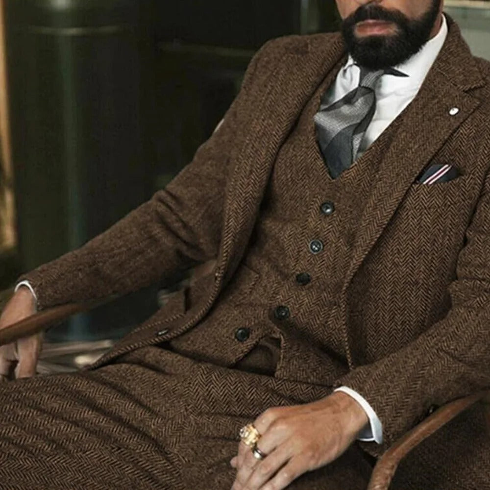Men’s Tailored Three-Piece Tweed Tuxedo | Classic Fit for Weddings, Formal Events & Black-Tie Dinners