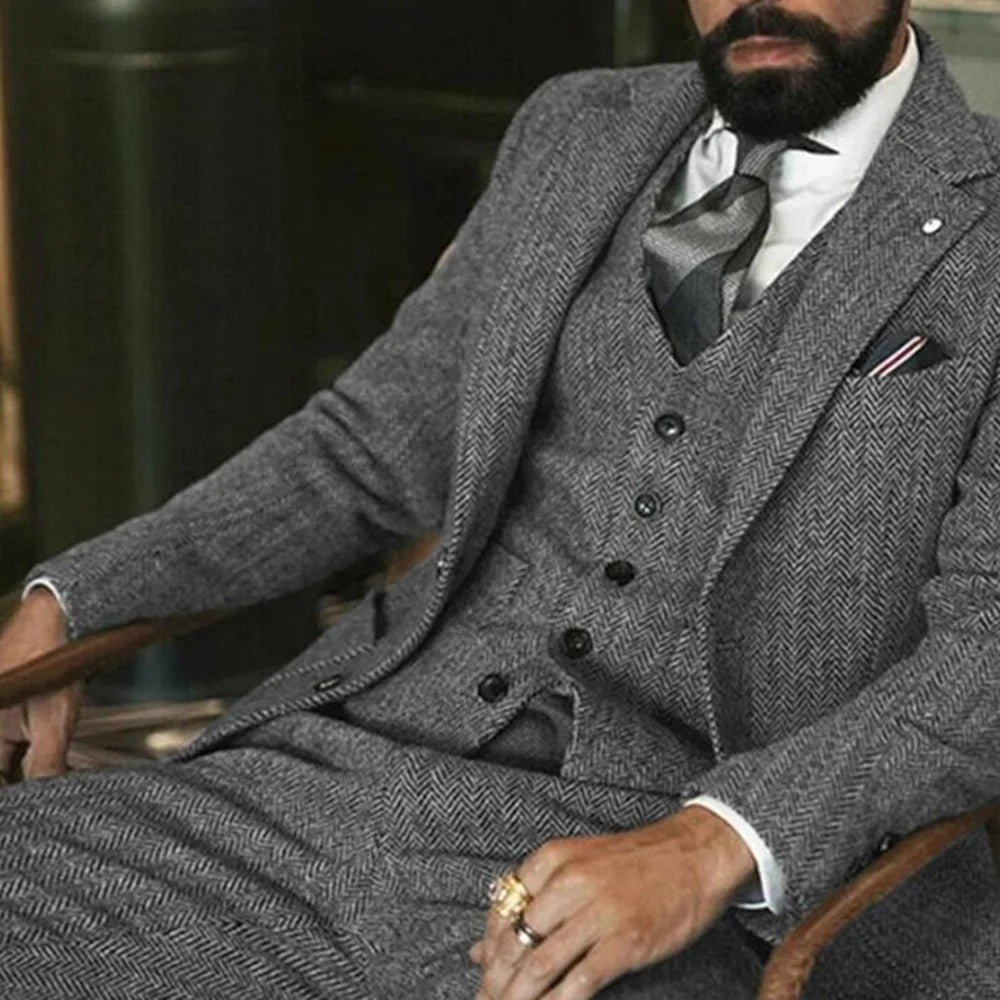 Men’s Tailored Three-Piece Tweed Tuxedo | Classic Fit for Weddings, Formal Events & Black-Tie Dinners