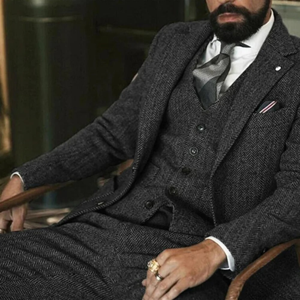 Men’s Tailored Three-Piece Tweed Tuxedo | Classic Fit for Weddings, Formal Events & Black-Tie Dinners