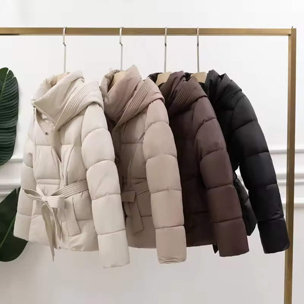 Warm Winter Jacket with Belt – Modern Puffer Hood for Women
